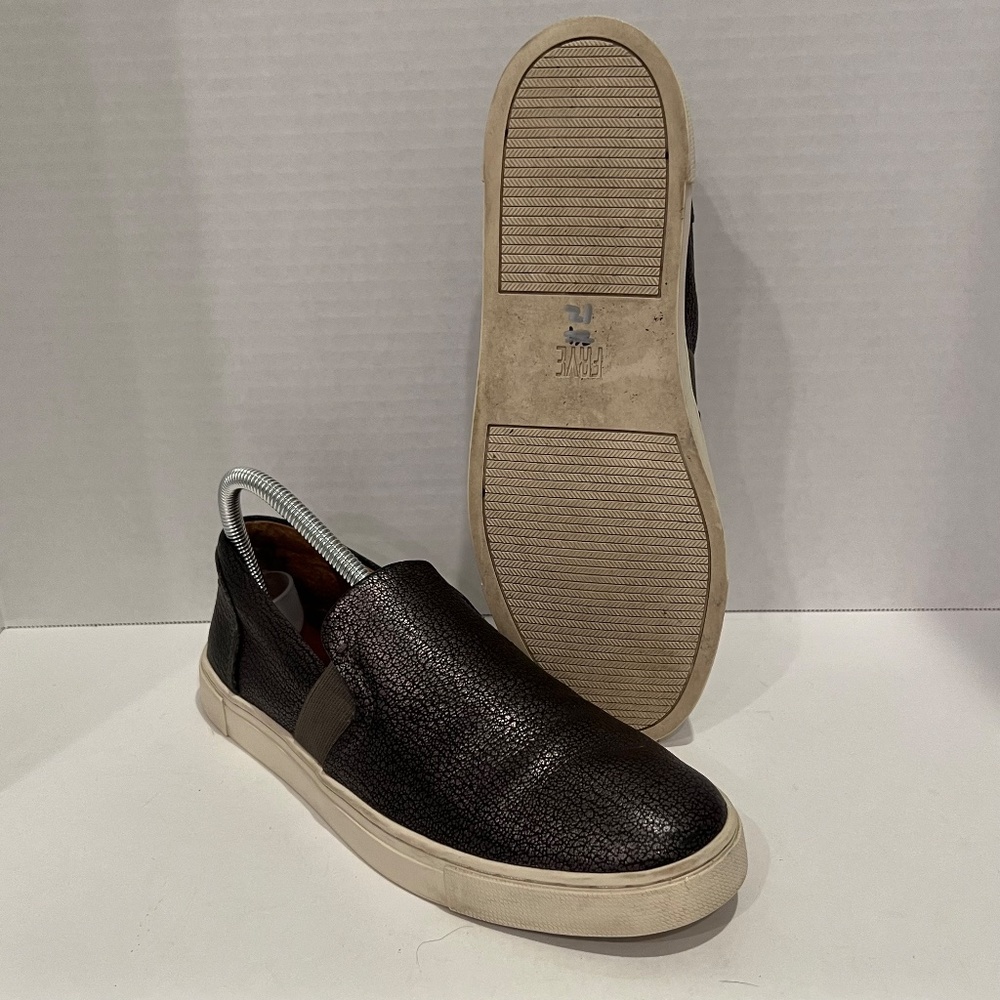 Frye Ivy Dark Pewter Textured Leather Slip-On Sneakers Size 8M